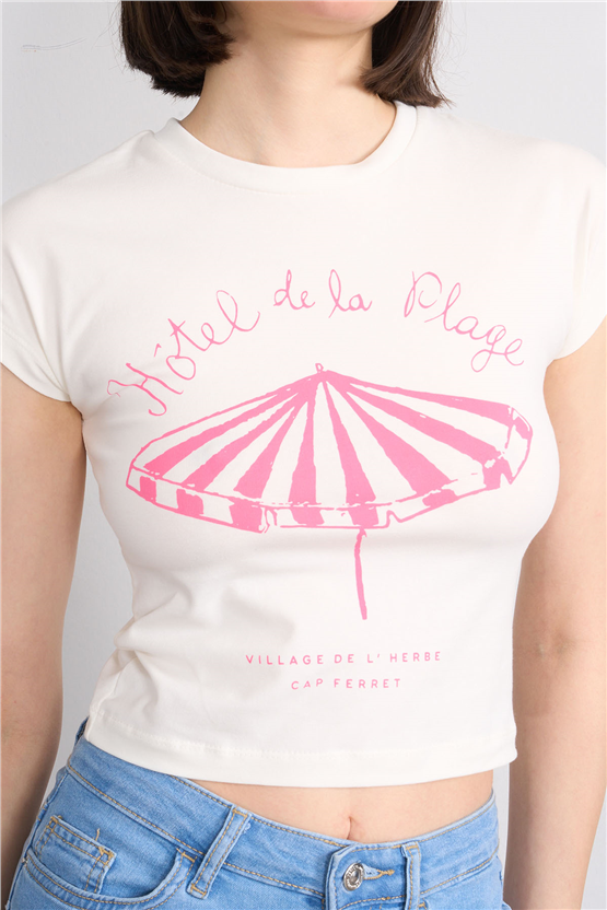 C.K Y26 8872 Fithit Byn B.Yk Penye Baskılı Crop T-shirt Krem