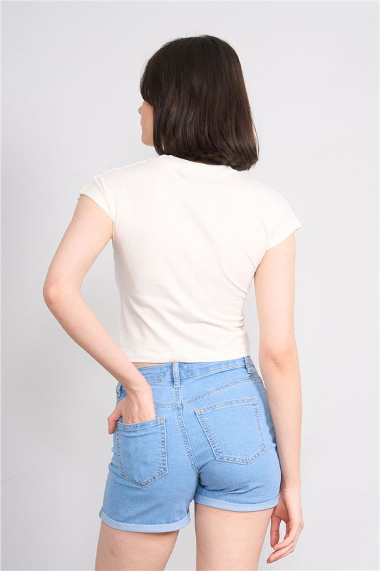 C.K Y26 8872 Fithit Byn B.Yk Penye Baskılı Crop T-shirt Krem