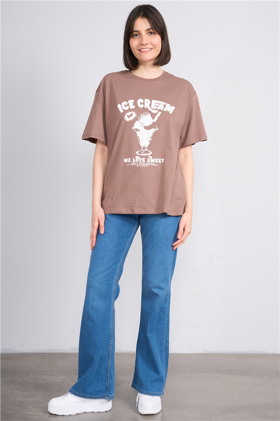 C.K Y26 8874 Fithit Byn B.Yk Oversıze Baskılı T-shirt Kakao