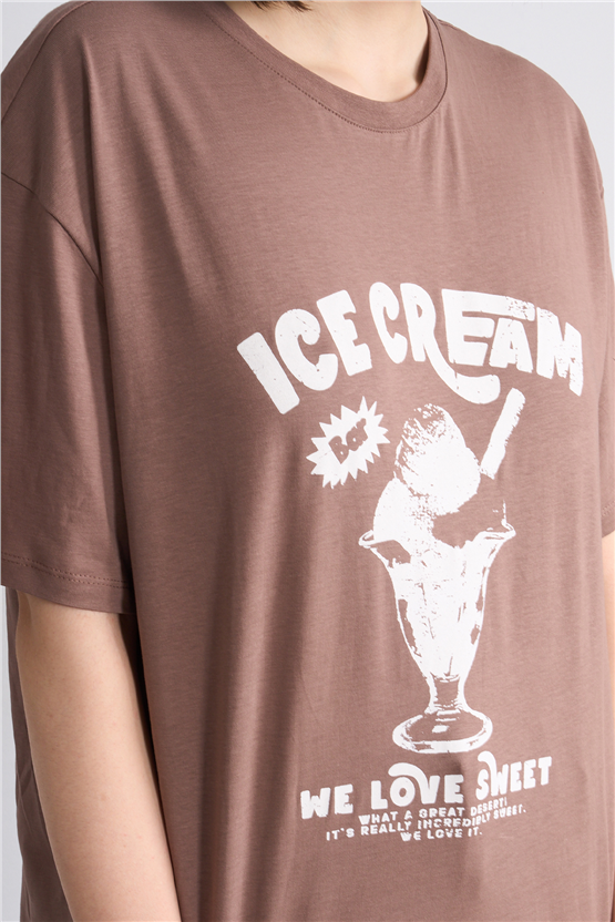 C.K Y26 8874 Fithit Byn B.Yk Oversıze Baskılı T-shirt Kakao