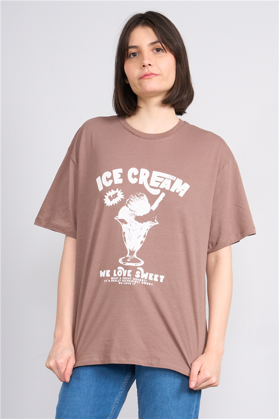 C.K Y26 8874 Fithit Byn B.Yk Oversıze Baskılı T-shirt Kakao