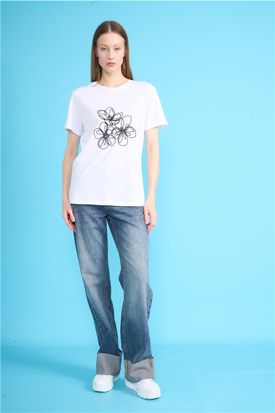 C.K Y26 8903 Fithit Byn B.Yk Regular Nakışlı T-shirt Beyaz
