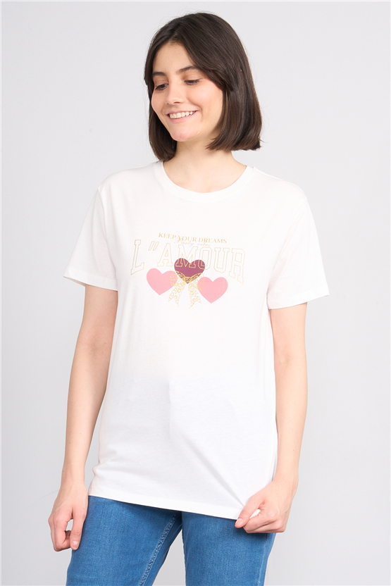 C.K Y26 8904 Fithit Byn B.Yk Regular Baskılı T-shirt Krem