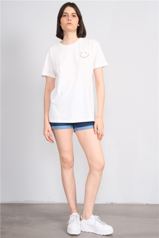 C.K Y26 8959 Fithit Byn B.Yk Regular Nakışlı T-shirt Krem