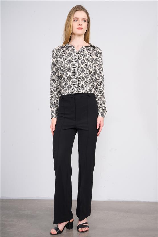 Canseven 1003 Siyah Kadın Yüksek Bel Onu Dikişli Bol Paça Yan Cepli Likralı Skuba Kumaş Pantolon