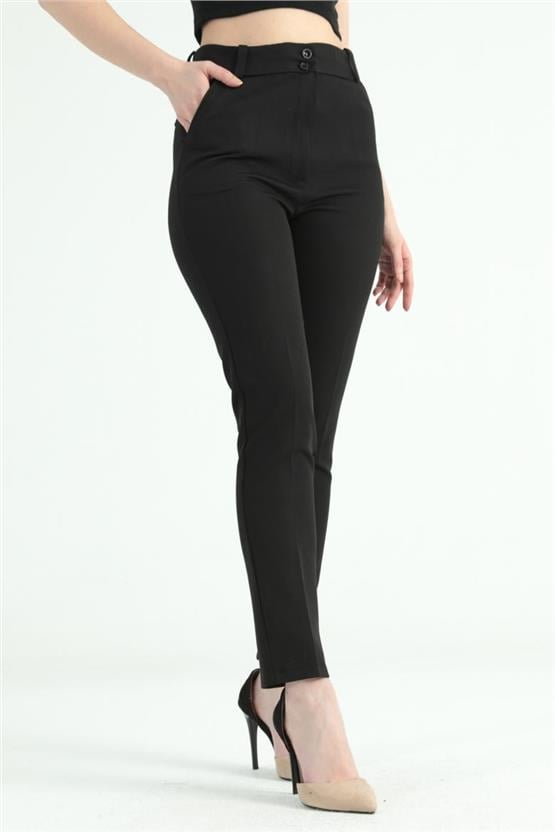 Canseven 1019 Siyah Kadın Yüksek Bel Kalem Kesim Uzun Boy Cigarette Kumaş Pantolon