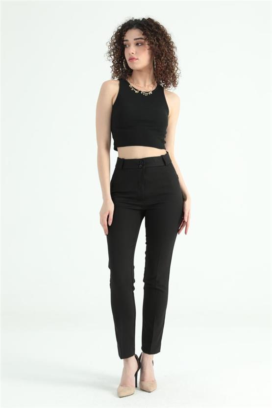 Canseven 1019 Siyah Kadın Yüksek Bel Kalem Kesim Uzun Boy Cigarette Kumaş Pantolon