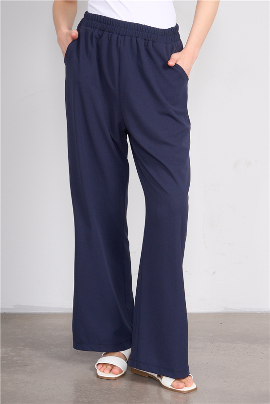 Canseven 1039 Lacivert Kadın Yüksek Bel Beli Lastikli Bol Paça Likralı Double Kumaş Pantolon
