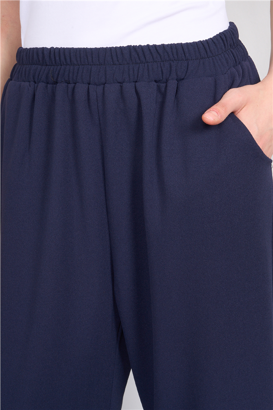Canseven 1039 Lacivert Kadın Yüksek Bel Beli Lastikli Bol Paça Likralı Double Kumaş Pantolon