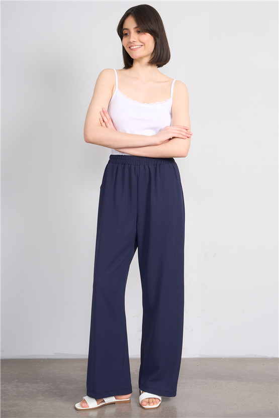 Canseven 1039 Lacivert Kadın Yüksek Bel Beli Lastikli Bol Paça Likralı Double Kumaş Pantolon
