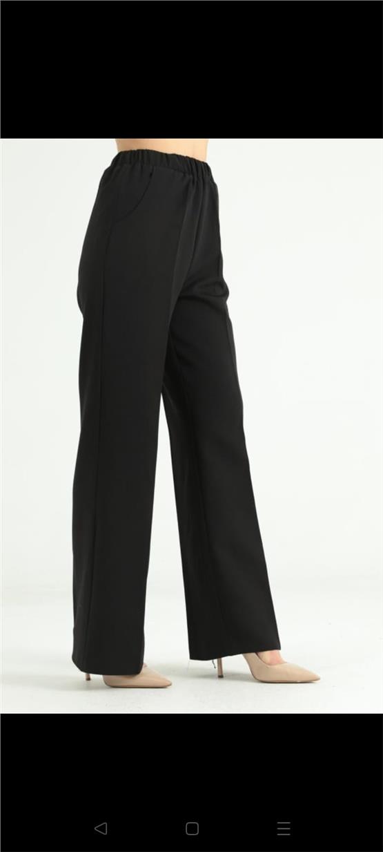 Canseven 1039 Siyah Kadın Yüksek Bel Beli Lastikli Bol Paça Likralı Double Kumaş Pantolon