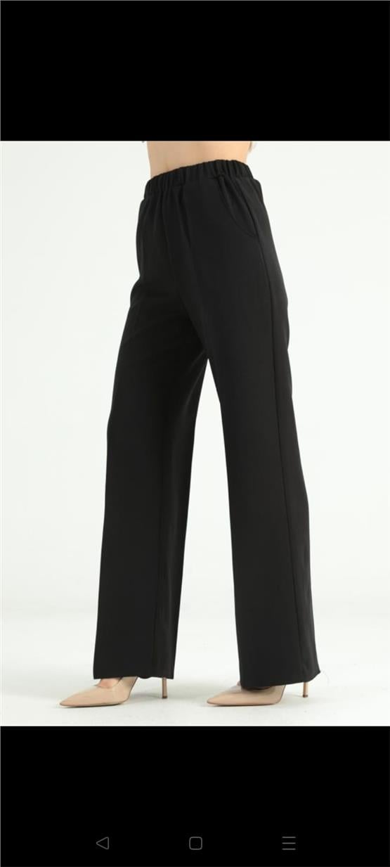 Canseven 1039 Siyah Kadın Yüksek Bel Beli Lastikli Bol Paça Likralı Double Kumaş Pantolon