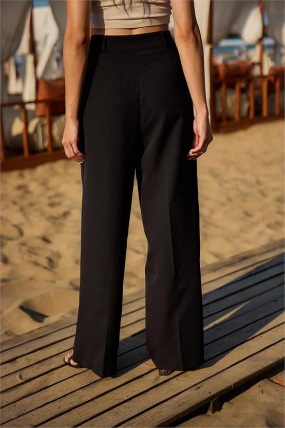 Canseven 1044 Siyah Kadın Yüksek Bel Bol Paça Palazzo Skuba Likralı Kumaş Pantolon