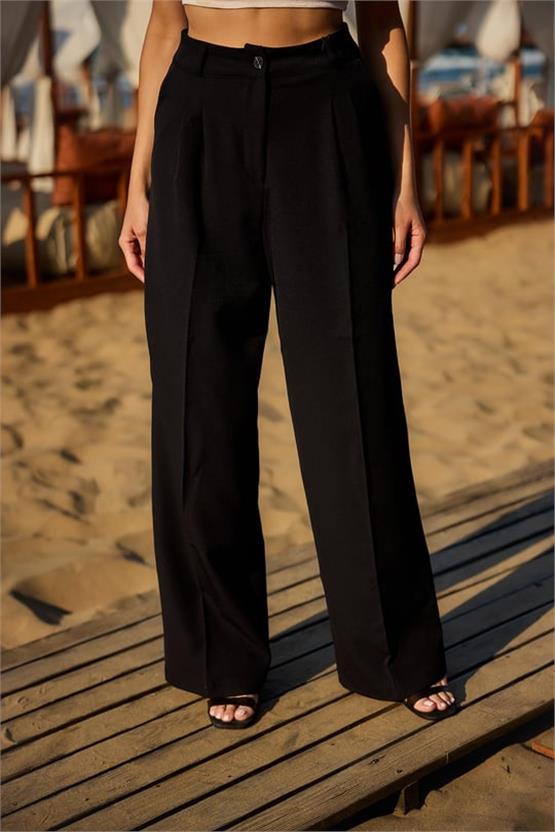 Canseven 1044 Siyah Kadın Yüksek Bel Bol Paça Palazzo Skuba Likralı Kumaş Pantolon