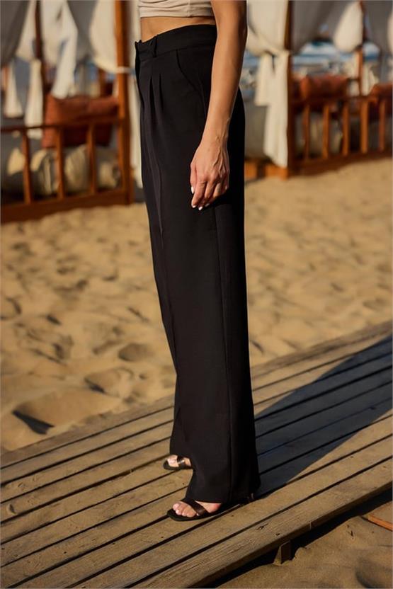 Canseven 1044 Siyah Kadın Yüksek Bel Bol Paça Palazzo Skuba Likralı Kumaş Pantolon