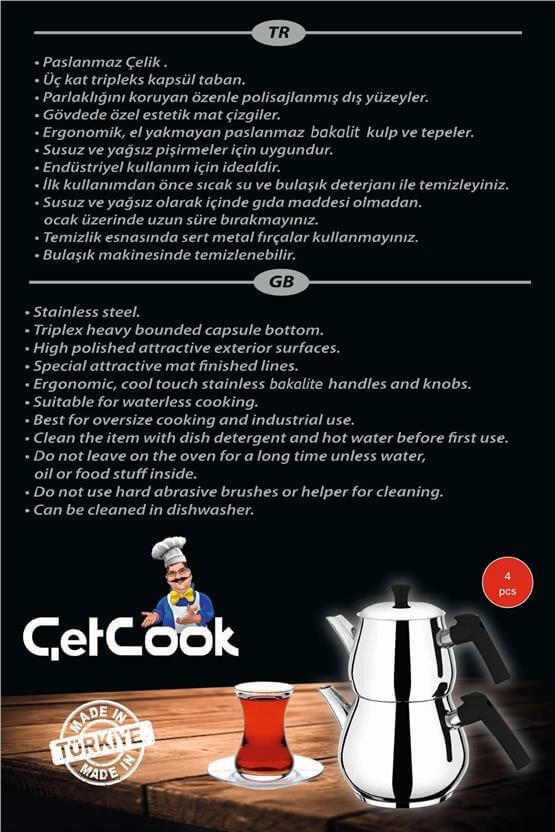 Çetcook Damla Aile Boy Paslanmaz Çelik Çaydanlık Takımı 1.20L Üst – 2.00L Alt