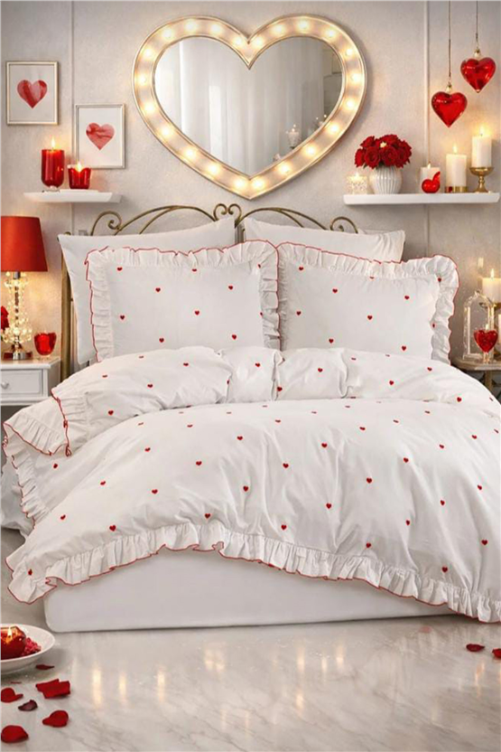 CETHOME Valentine Love Nakışlı 6 Parça Çift Kişilik Nevresim Takımı Kırmızı