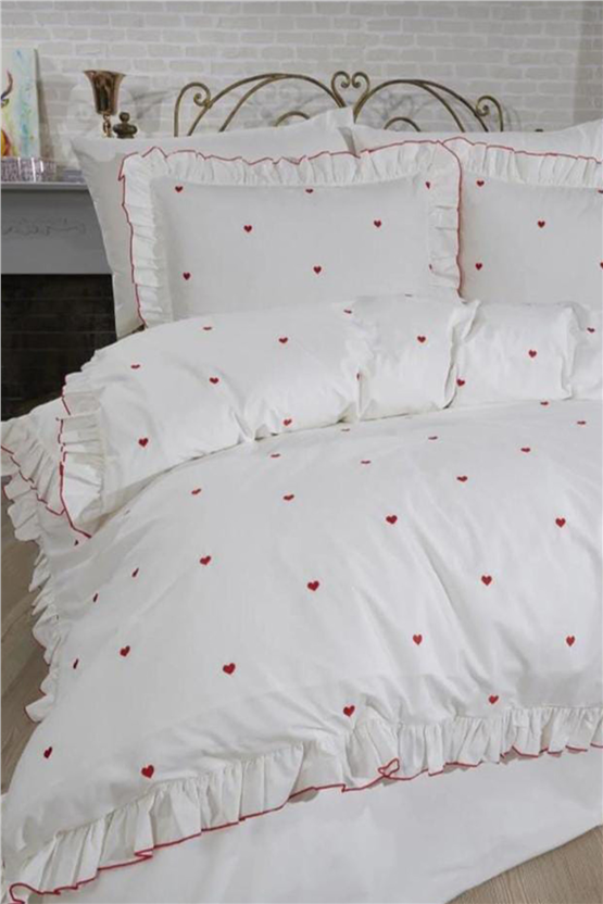 CETHOME Valentine Love Nakışlı 6 Parça Çift Kişilik Nevresim Takımı Kırmızı