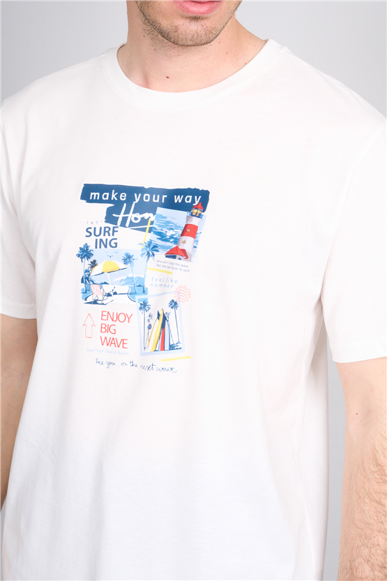 Çetinkaya Chester Polo 4213 Bisiklet Yaka Regular Baskılı T-shirt Krem