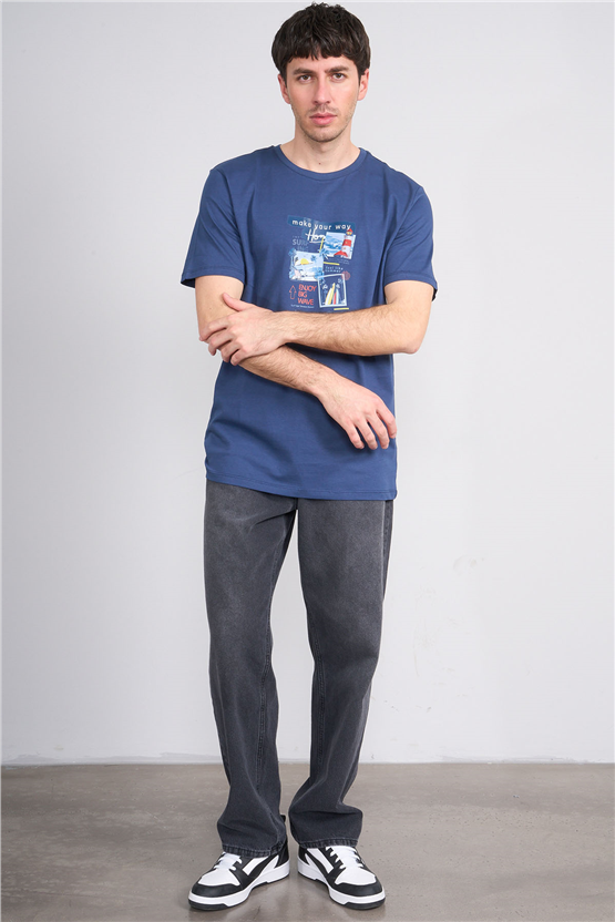 Çetinkaya Chester Polo 4213 Bisiklet Yaka Regular Baskılı T-shirt İndigo