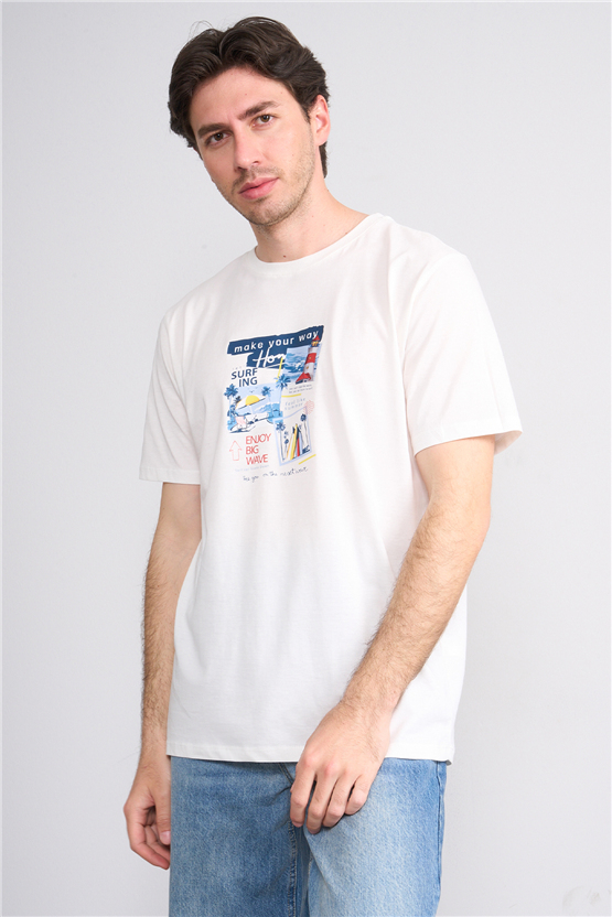 Çetinkaya Chester Polo 4213 Bisiklet Yaka Regular Baskılı T-shirt Krem