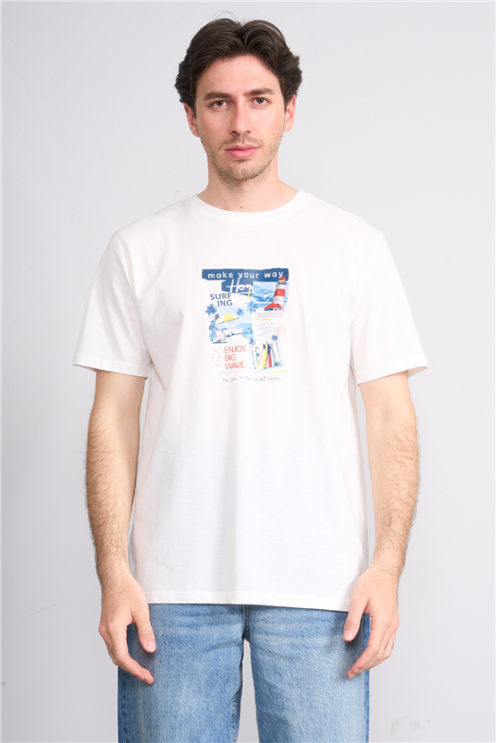 Çetinkaya Chester Polo 4213 Bisiklet Yaka Regular Baskılı T-shirt Krem