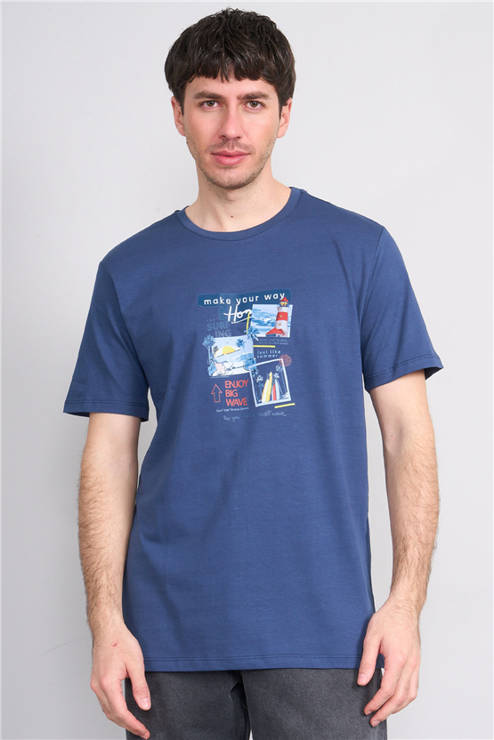 Çetinkaya Chester Polo 4213 Bisiklet Yaka Regular Baskılı T-shirt İndigo