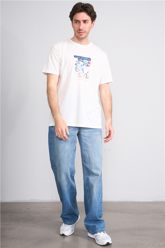 Çetinkaya Chester Polo 4213 Bisiklet Yaka Regular Baskılı T-shirt Krem