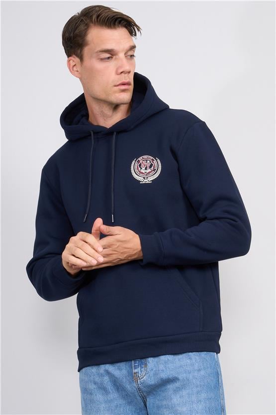 Çetinkaya Chester Polo 4227 3 İplik Kapüşonlu Baskılı Lacivert Sweatshirt