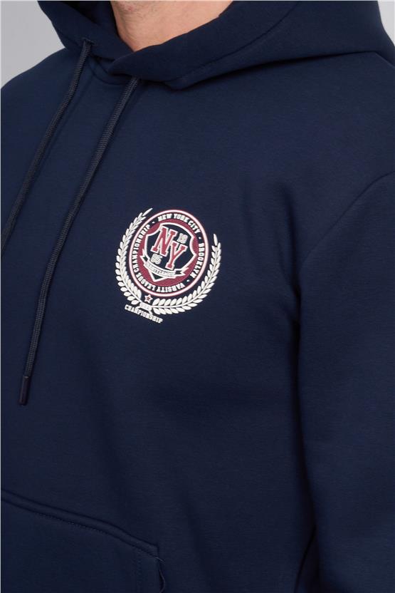 Çetinkaya Chester Polo 4227 3 İplik Kapüşonlu Baskılı Lacivert Sweatshirt