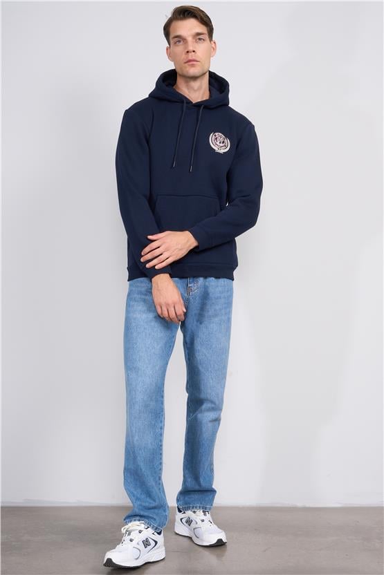 Çetinkaya Chester Polo 4227 3 İplik Kapüşonlu Baskılı Lacivert Sweatshirt