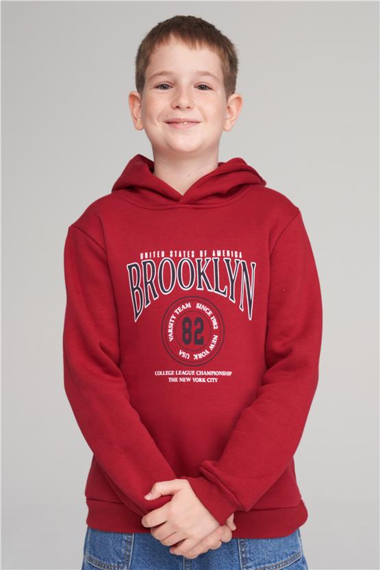 Çetinkaya Chester Polo 42380EG Çocuk 3 İplik Kapüşonlu Baskılı Sweatshirt 4-12 Yaş Bordo