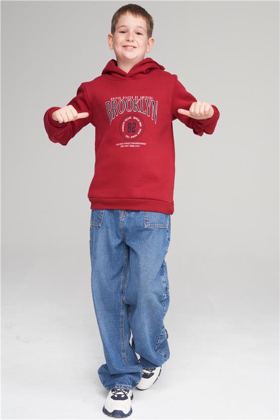 Çetinkaya Chester Polo 42380EG Çocuk 3 İplik Kapüşonlu Baskılı Sweatshirt 4-12 Yaş Bordo