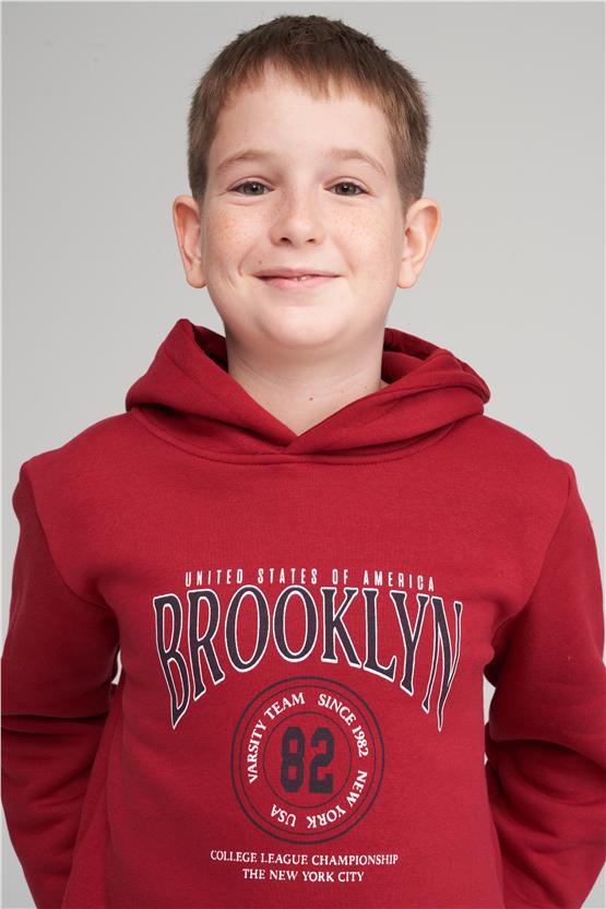 Çetinkaya Chester Polo 42380EG Çocuk 3 İplik Kapüşonlu Baskılı Sweatshirt 4-12 Yaş Bordo