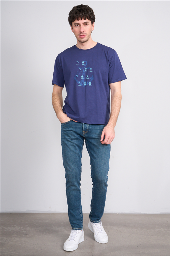 Çetinkaya Chester Polo 4386 Bisiklet Yaka Regular Baskılı T-shirt Açık Lacivert