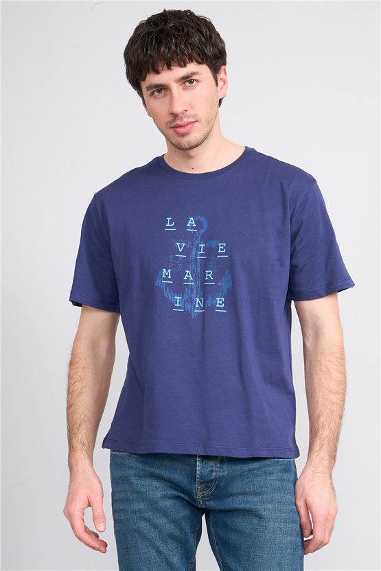 Çetinkaya Chester Polo 4386 Bisiklet Yaka Regular Baskılı T-shirt Açık Lacivert