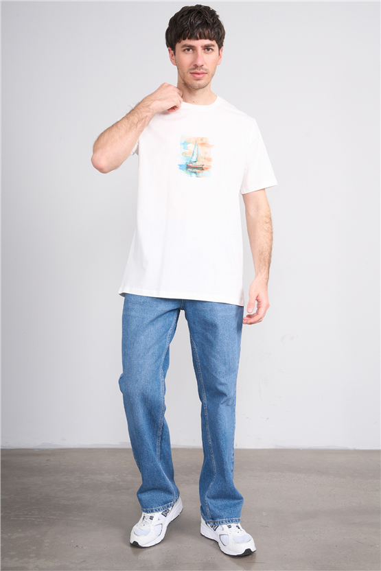 Çetinkaya Chester Polo 4419 Bisiklet Yaka Regular Baskılı T-shirt Krem