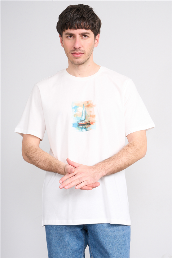Çetinkaya Chester Polo 4419 Bisiklet Yaka Regular Baskılı T-shirt Krem