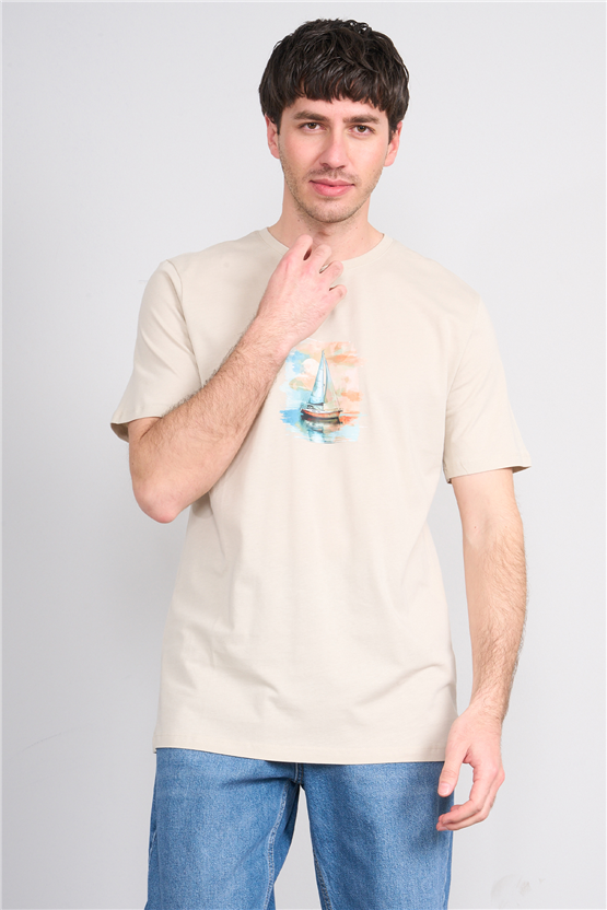 Çetinkaya Chester Polo 4419 Bisiklet Yaka Regular Baskılı T-shirt Vizon