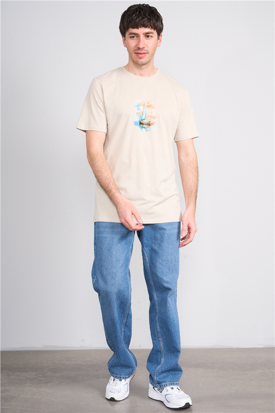 Çetinkaya Chester Polo 4419 Bisiklet Yaka Regular Baskılı T-shirt Vizon