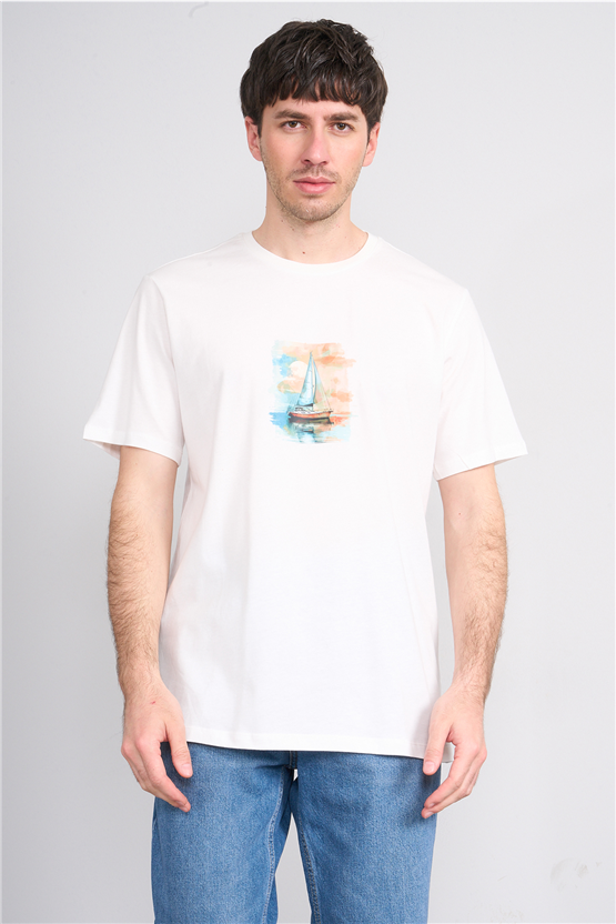 Çetinkaya Chester Polo 4419 Bisiklet Yaka Regular Baskılı T-shirt Krem