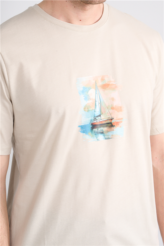 Çetinkaya Chester Polo 4419 Bisiklet Yaka Regular Baskılı T-shirt Vizon