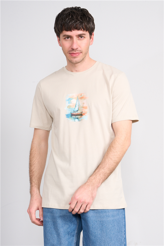Çetinkaya Chester Polo 4419 Bisiklet Yaka Regular Baskılı T-shirt Vizon