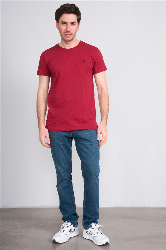 Çetinkaya Chester Polo 4504 Bisiklet Yaka Slimfit Nakışlı T-shirt Bordo