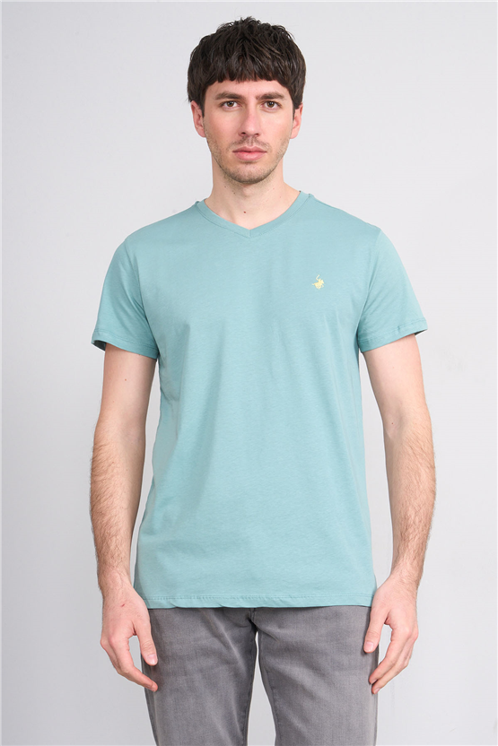 Çetinkaya Chester Polo 4505 V Yaka Slimfit Nakışlı T-shirt Açık Petrol