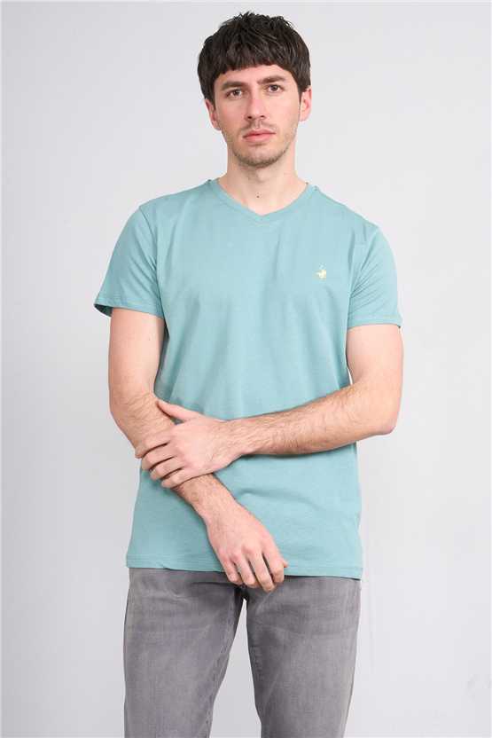 Çetinkaya Chester Polo 4505 V Yaka Slimfit Nakışlı T-shirt Açık Petrol