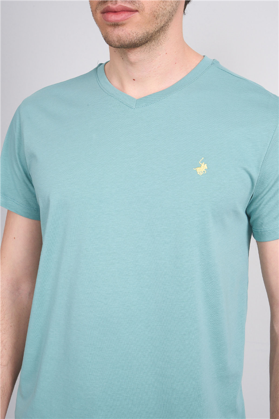 Çetinkaya Chester Polo 4505 V Yaka Slimfit Nakışlı T-shirt Açık Petrol