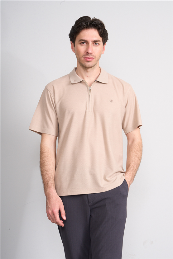 Çetinkaya Chester Polo 4727 Fermuarlı Polo Yaka Regular Jakarlı T-shirt Bej