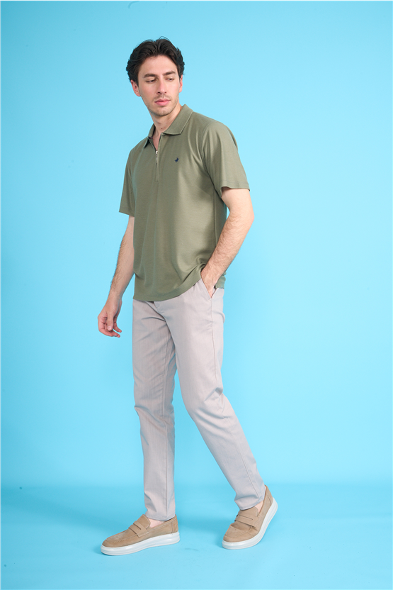 Çetinkaya Chester Polo 4727 Fermuarlı Polo Yaka Regular Jakarlı T-shirt Kirli Yeşil