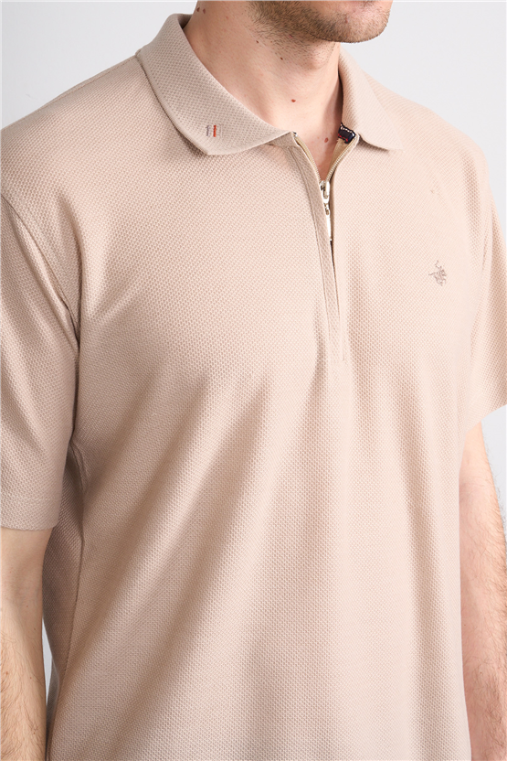 Çetinkaya Chester Polo 4727 Fermuarlı Polo Yaka Regular Jakarlı T-shirt Bej